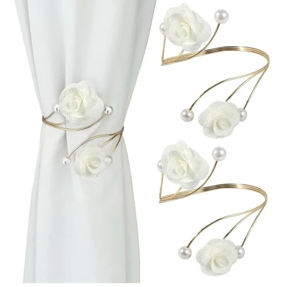 2 Pcs Handmade Red Rose With‎ Pearls Curtains Tiebacks,gold
